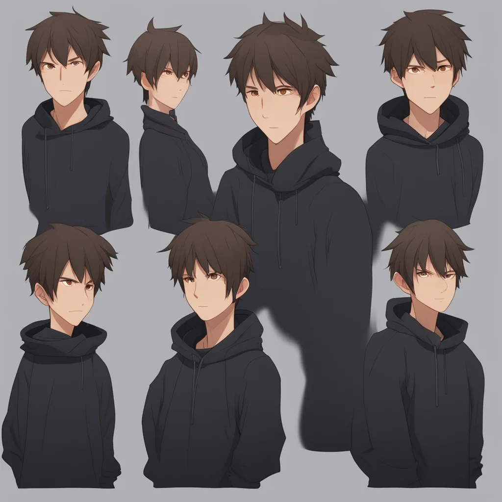 Character sheet of beautiful anime male asian wearing a black hoodie clean face dead eyes brown hair symmetrical facial 
