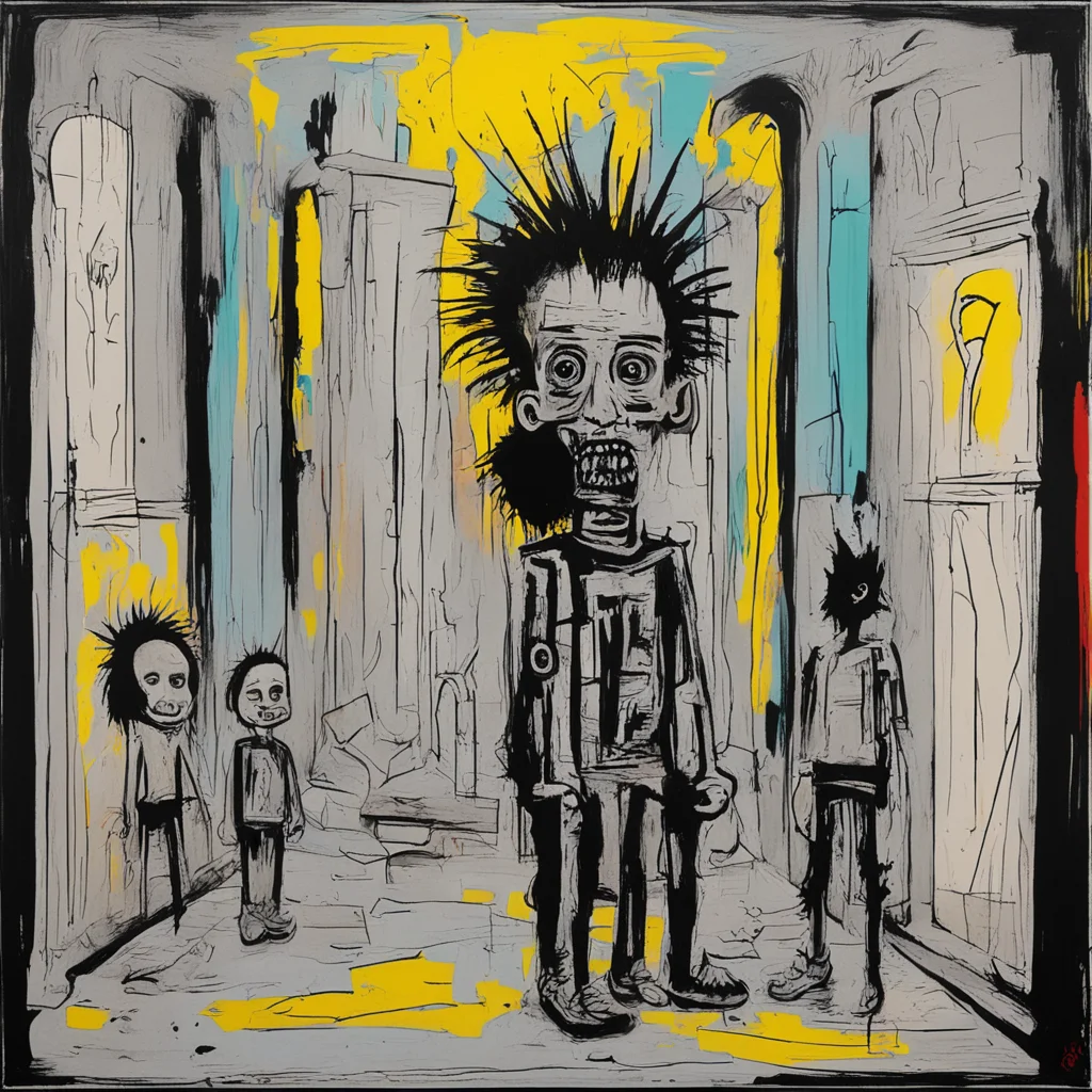 Children At The Crypt psychological horror mind bending neo expressionist painting in the style of Jean Michel Basquiat 