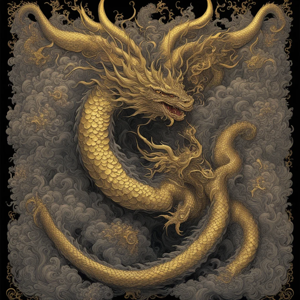 Chinese Dragon by Hokusai and and James Gurney Black paper with Intricate and vibrant Gold line work Tarot Card Mandelbu