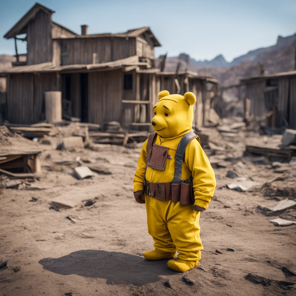 Cinematic photo of Winnie the Pooh in hazmat suit standing in Wild West ghost town
