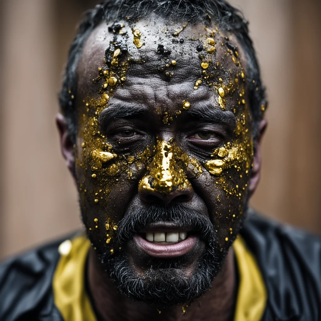 Close up of a coal miner with gold tears running down his sooty face inside a rural Appalachian pentecostal church