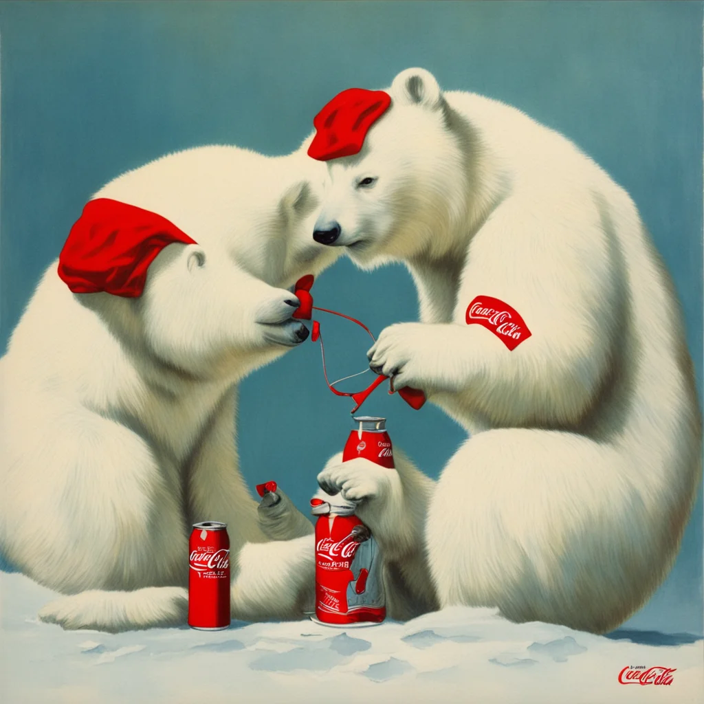 Coca Cola Polar Bears snorting stimulant drugs Norman Rockwell 1950s advertisement uplight