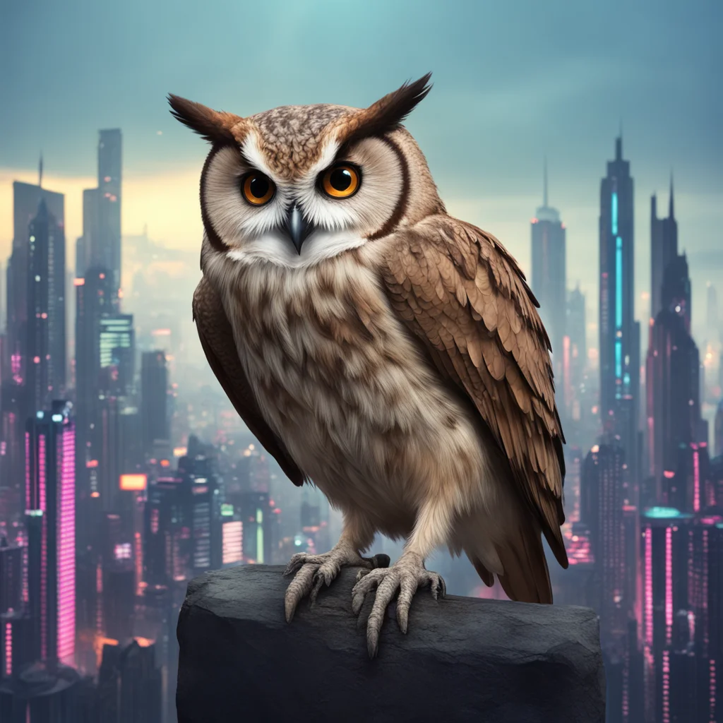 Collared scops owl science fiction city in the background atmospheric trending on artstation