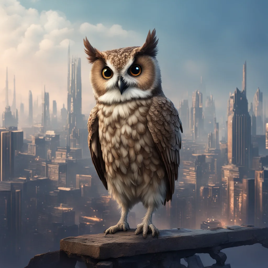 Collared scops owl steam ounk outfit science fiction city in the background atmospheric trending on artstation