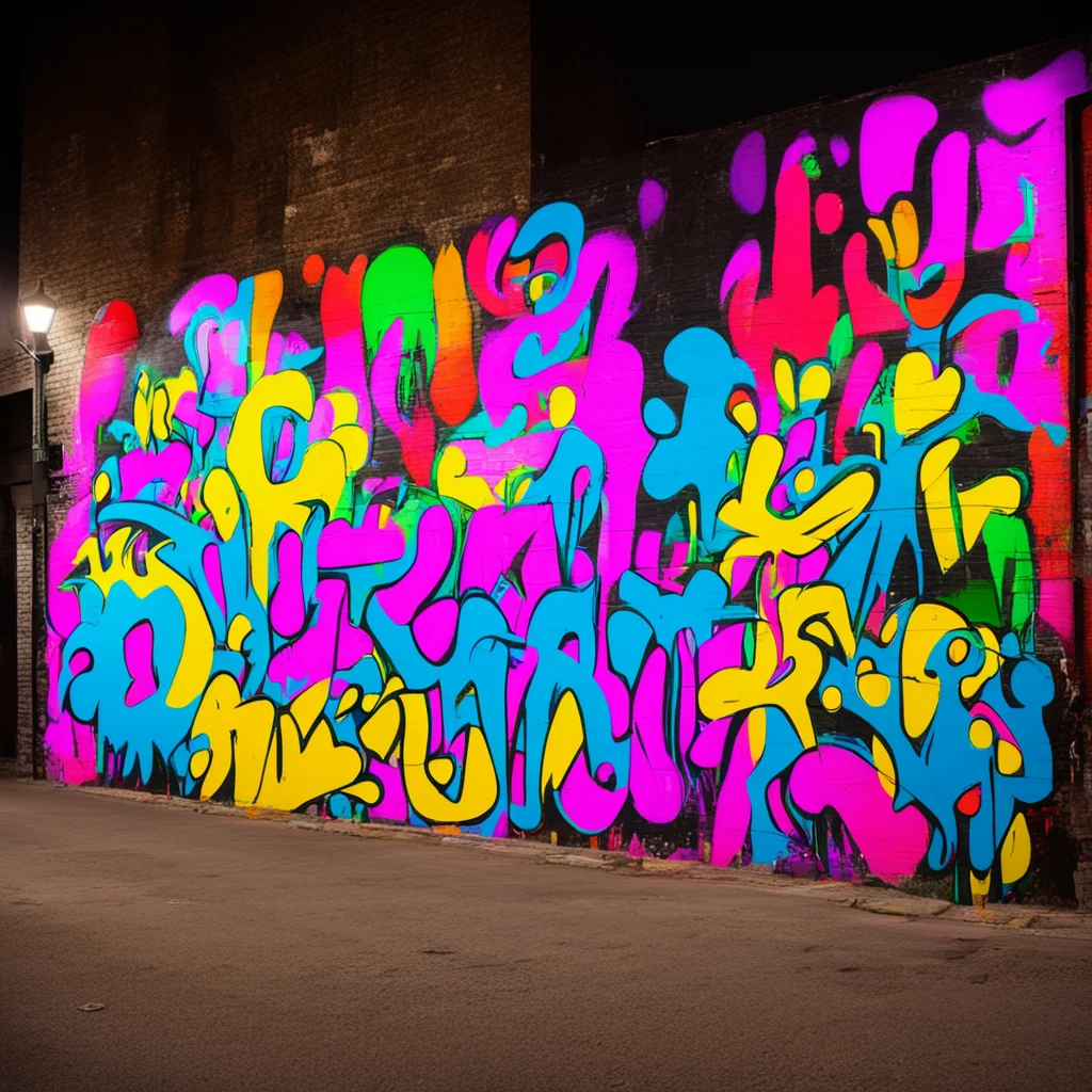 Colorful graffiti wall illuminated by street lamp in night city h 384