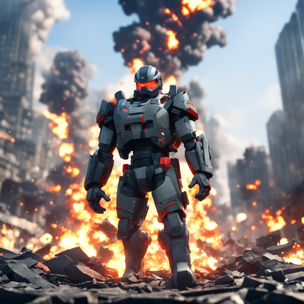 Combattler Vis standing on destroyed Toyko city explosion effect background 4K Unreal Engine Studio Trigger TOEI Animati