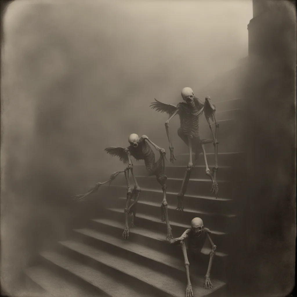 Conjoined Skeletal Winged Humanoids with Claws descending a staircase in fog Alfred Stieglitz 1900s ar 34