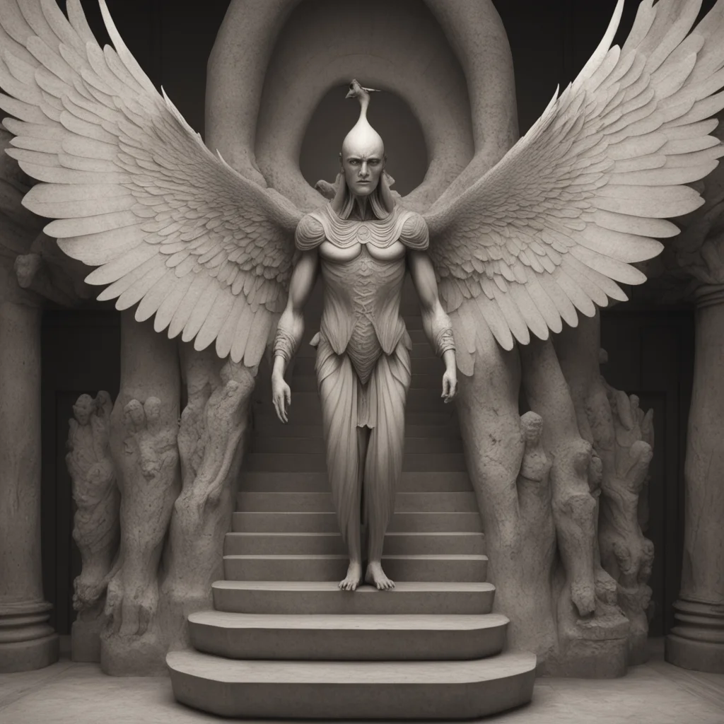 Conjoined Warlock God Oracles with Bird wings descending a staircase in the style of constantin brancusi and ernst haeck