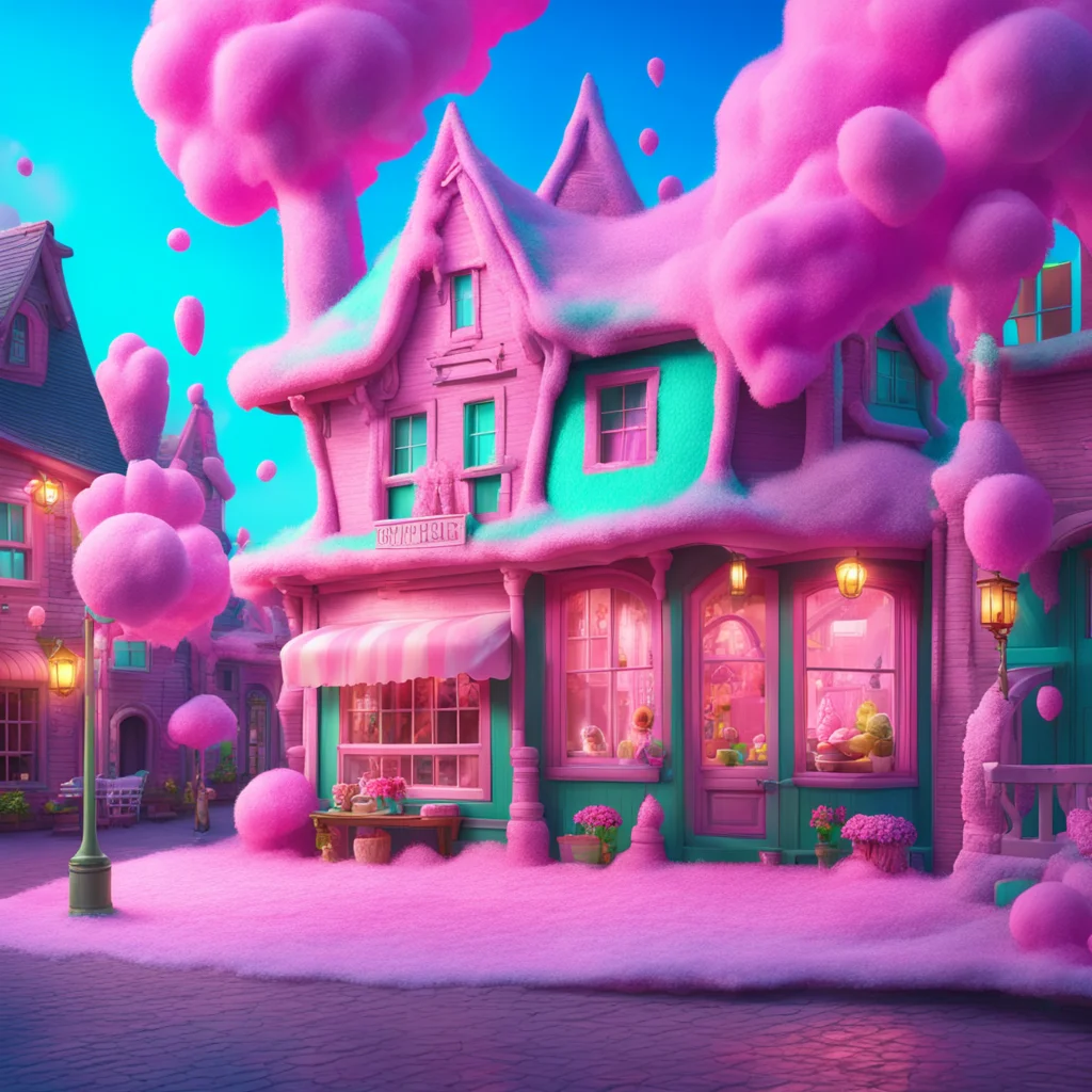 Cotton candy house a fairytale house in the city street covered in sugar and candy cakes ice cream happy super realistic
