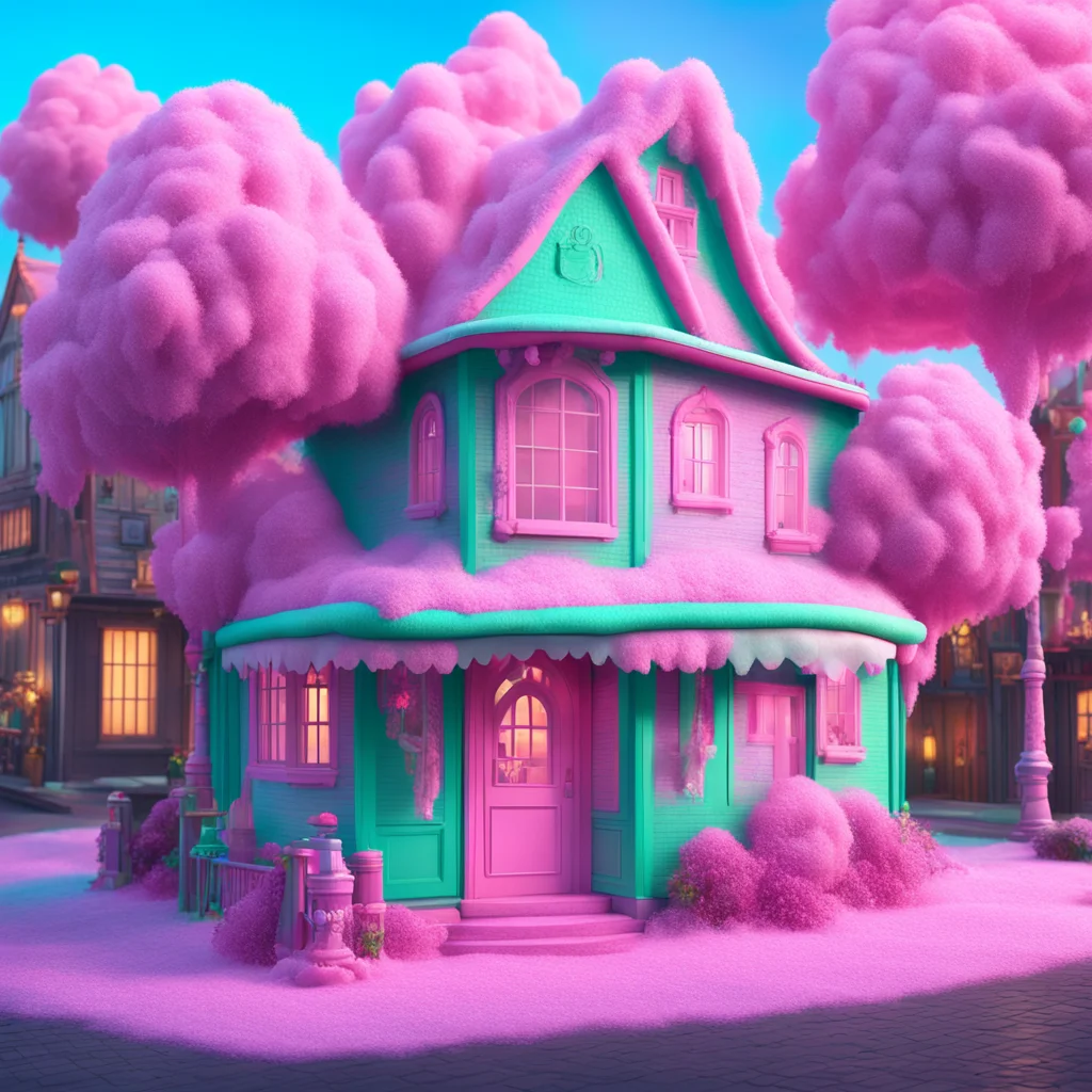 Cotton candy house a fairytale house in the city street covered in sugar and candy cakes ice creamhappy super realistic 