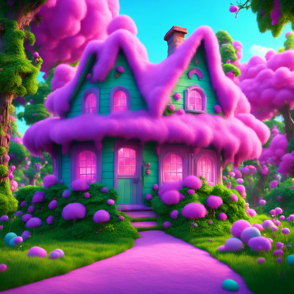Cotton candy house a fairytale house in the lush woods covered in sugar and candy happy super realistic atmospheric volu