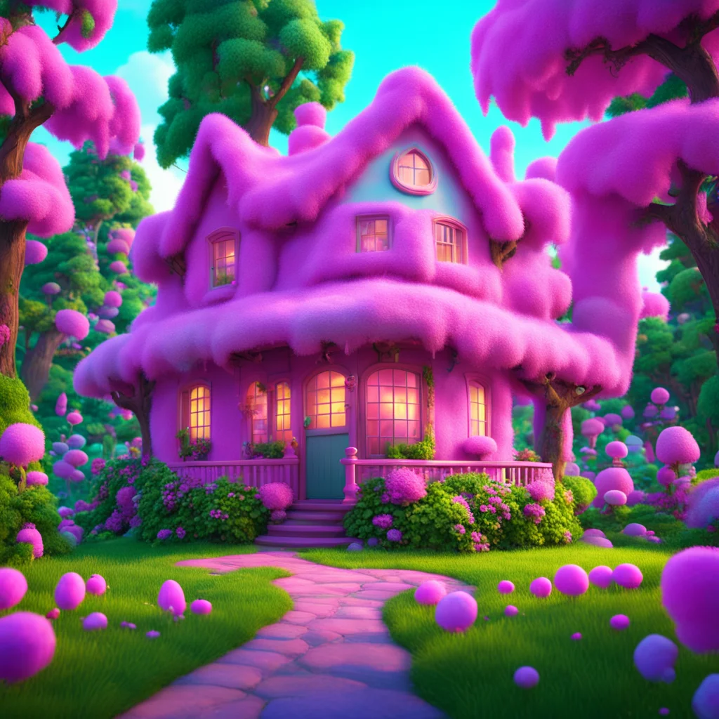 Cotton candy house a fairytale house in the lush woods covered in sugar and candy happy super realistic atmospheric volumetric lighting cinematic Pixar 