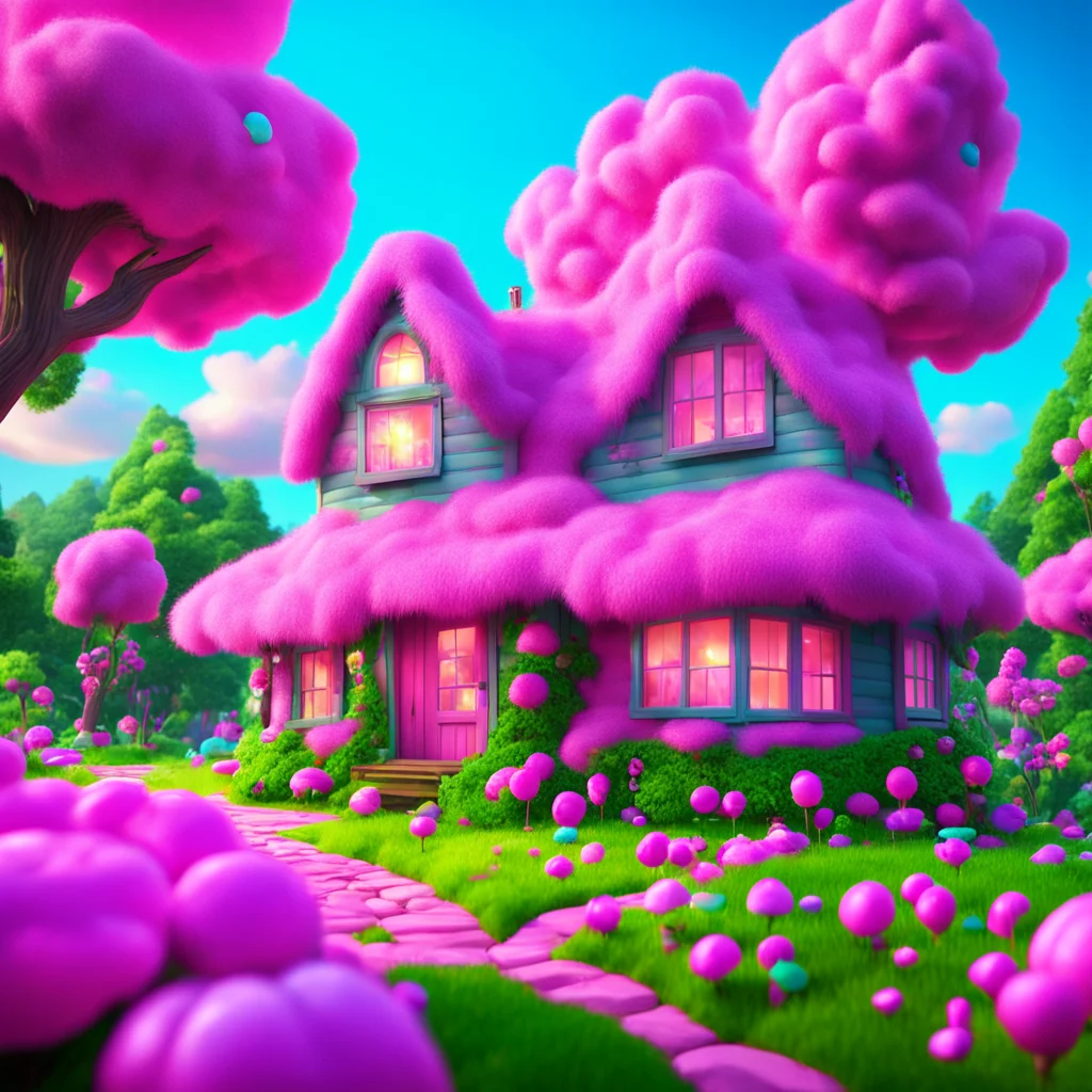 Cotton candy house a fairytale house in the lush woods covered incandy cupcakes happy super realistic atmospheric volume