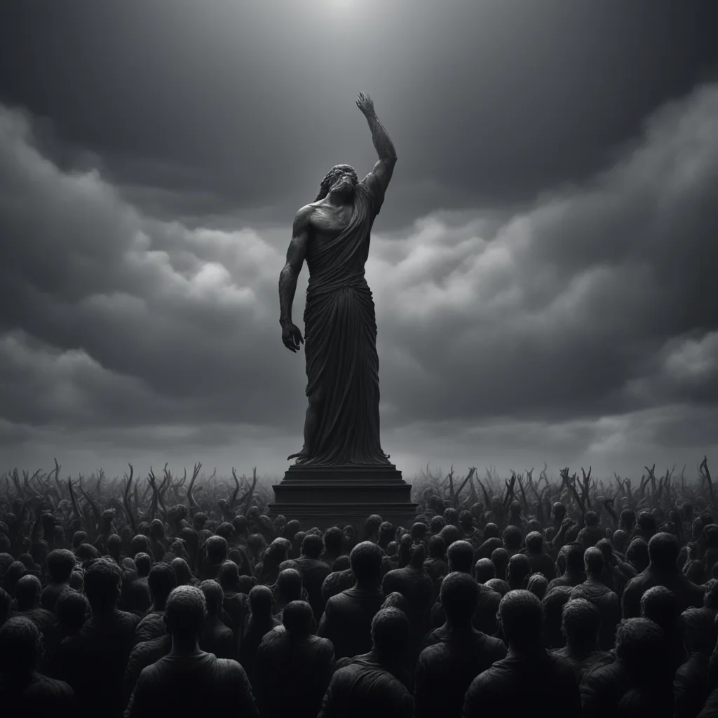 Crowd bowing to a giant statue Engraving Gustave Doré style Dark art darkness eerie atmosphere Epic scale post processed