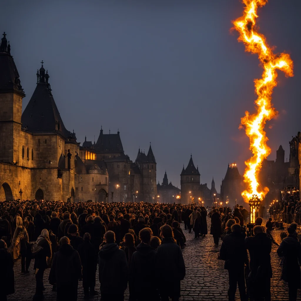 Crowd of people on Charles Bridge with torch and Christian cross  Elder god watching  bloodborn style  low contraste  sc