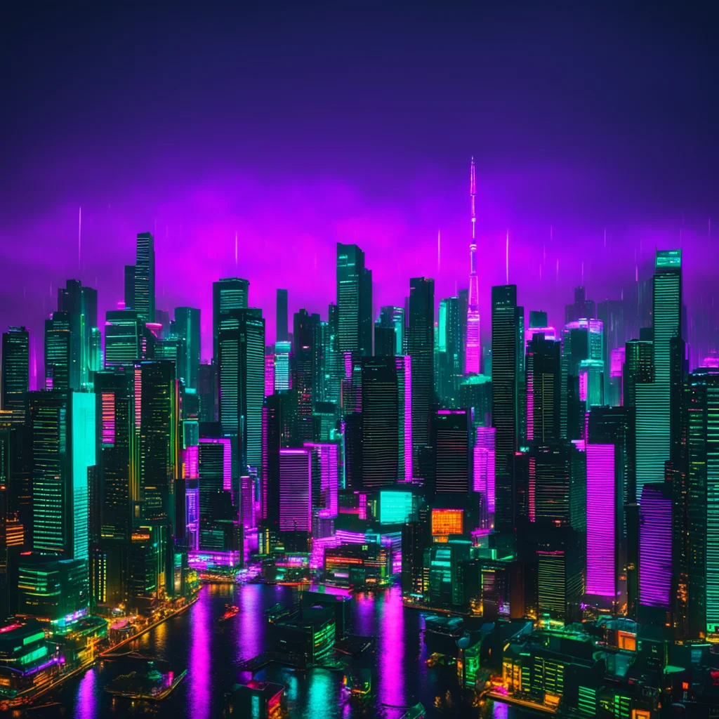 Cyberpunk Toronto skyline at night photo realism no DOF dense populated cinematic dark colors neon accents rain cyberpun