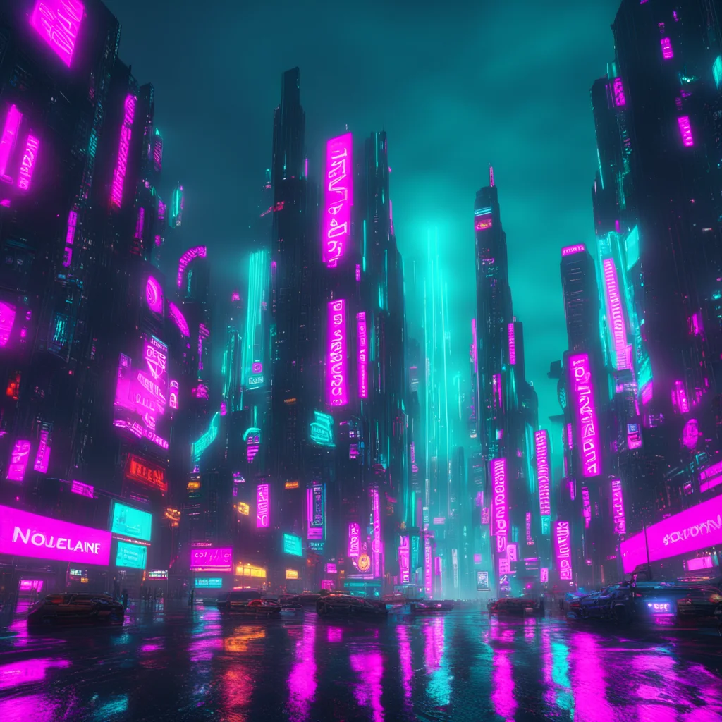 Cyberpunk megacity seen from ground level at night with many towering buildings stretching high above neon signs and hol