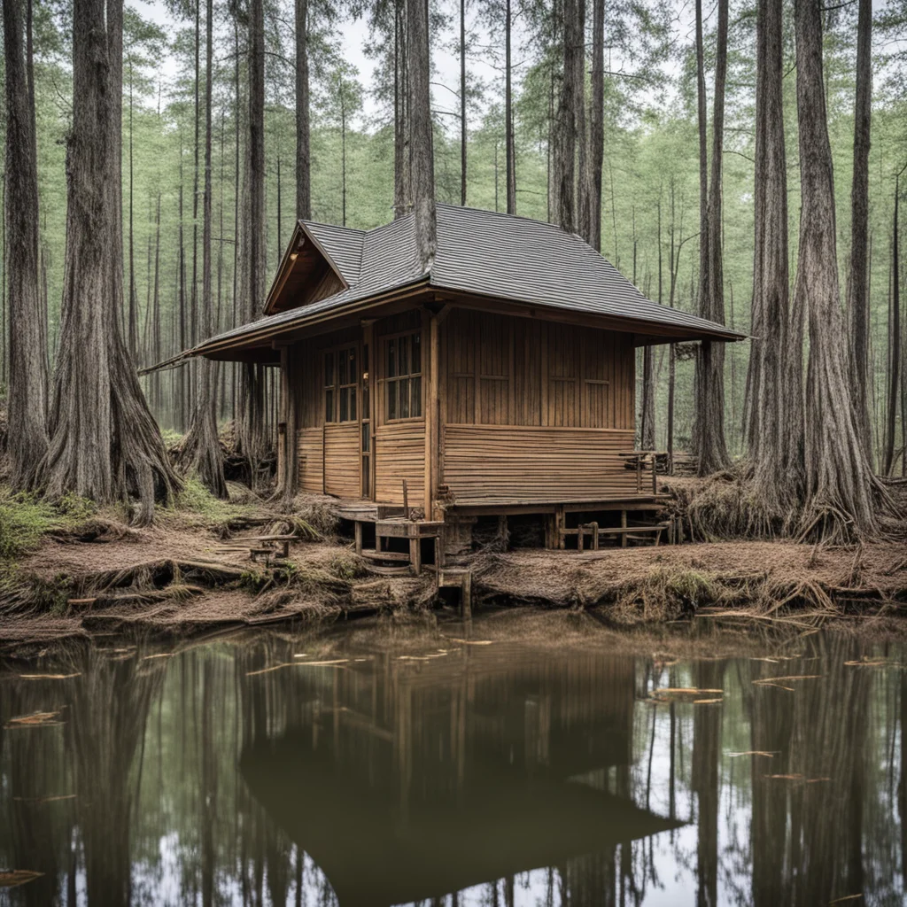 Cypress craftsman cabin in a swamp filled with big long fish —ar 1117