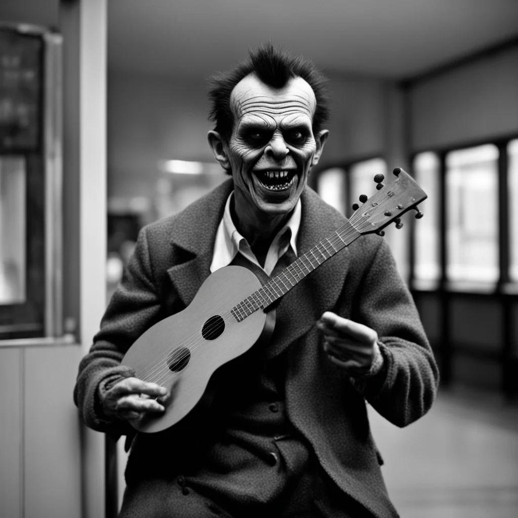 Daniel Melero disguised as Frankenstein´s monstersinging andplaying a ukelele in a railway station in the style of black