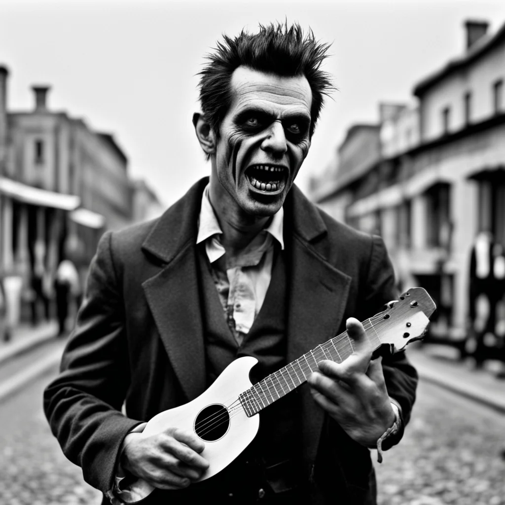 Daniel Melero disguised as Frankenstein with bolts in the neck singing andplaying a ukelele near the railway station in 