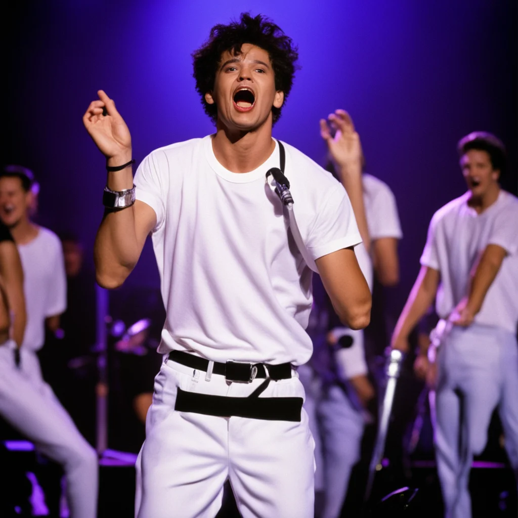 Daniel Melero with white t shirt and braces singing and dancing frantically in a 1989 television concert show in the sty