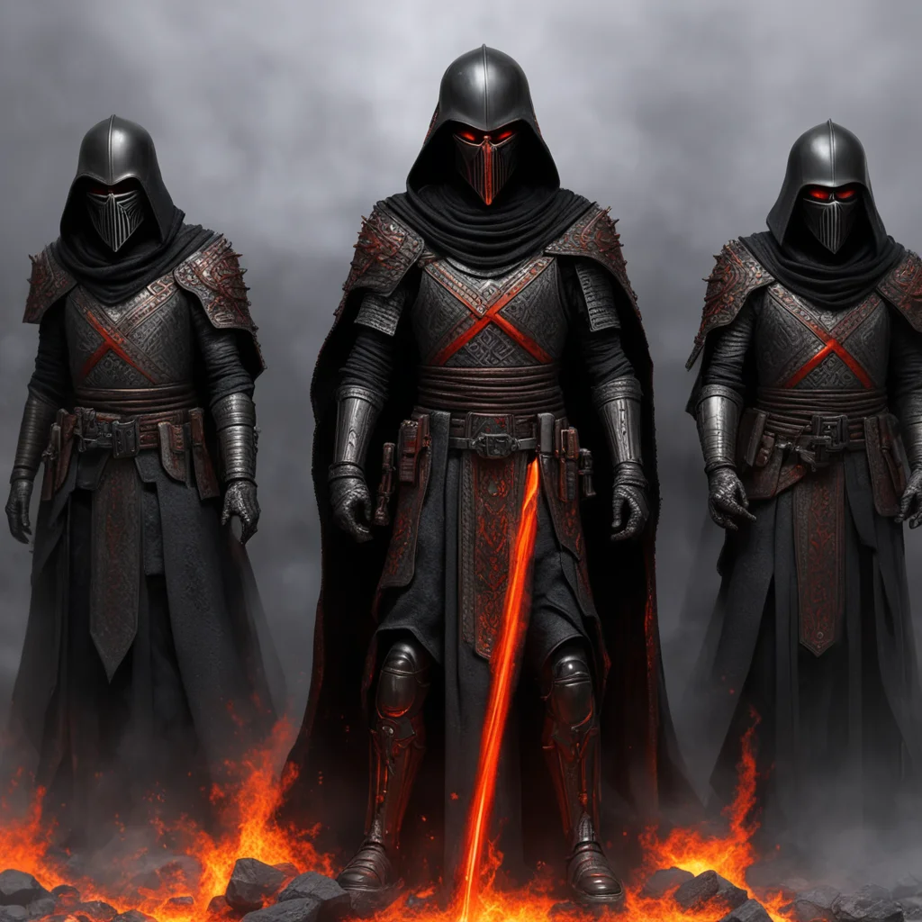 Dark Orange knights of ren with onyx armor tall triangular T helmet masks and executioner cap wearing Long black and gre