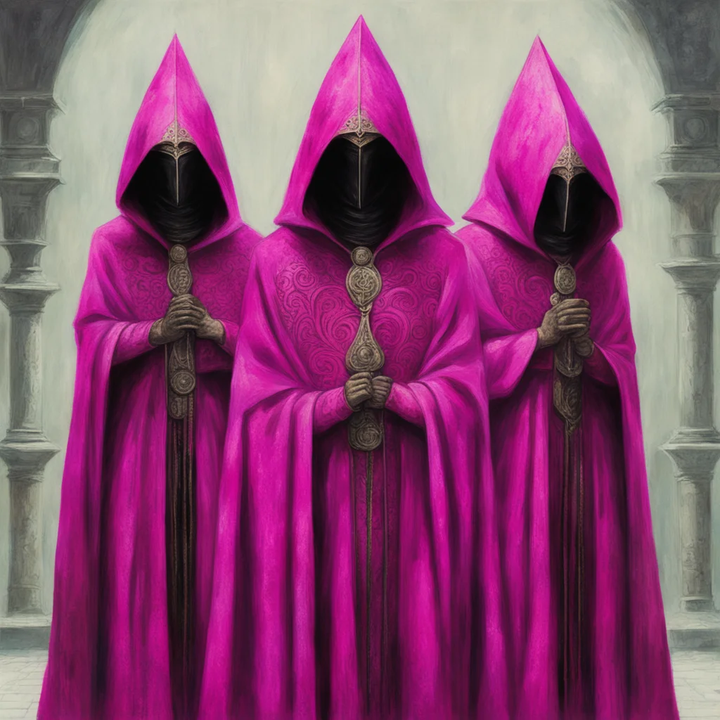Dark Pink kkk capirotes with prismatic tall triangular conical helmet masks wearing Long pink intricately brocaded textu