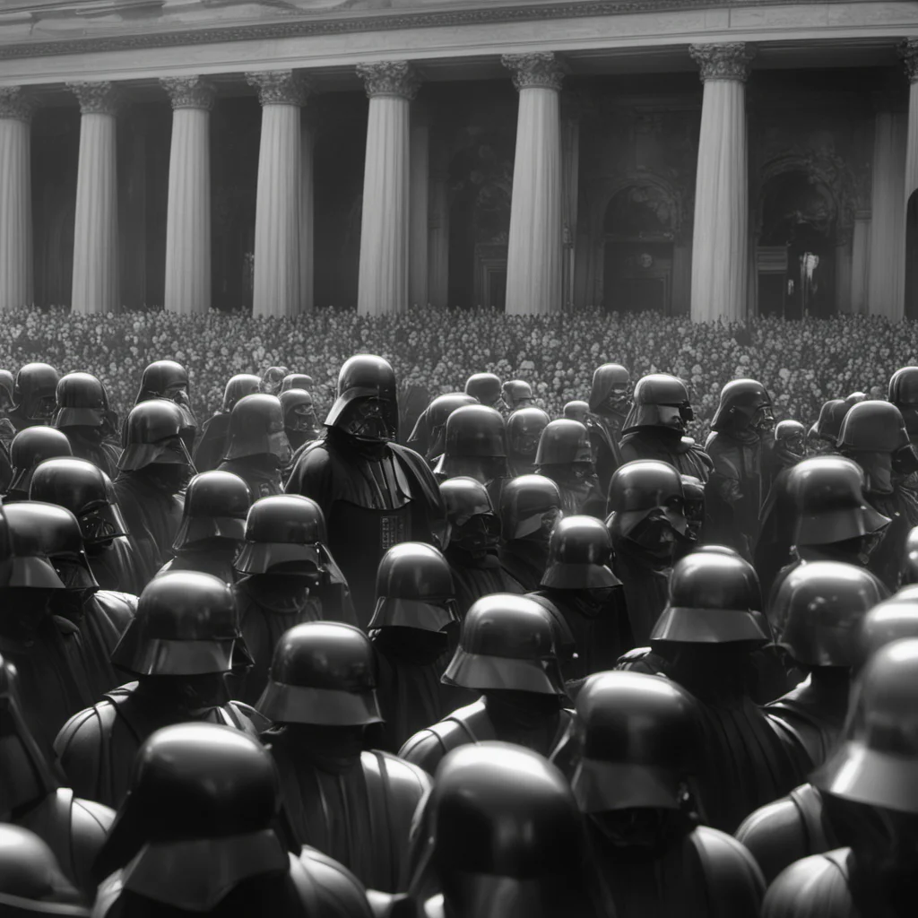 Darth Vader political rally vintage photograph black and white dramatic lighting ultra detailed hyper realistic —aspect 43 —video
