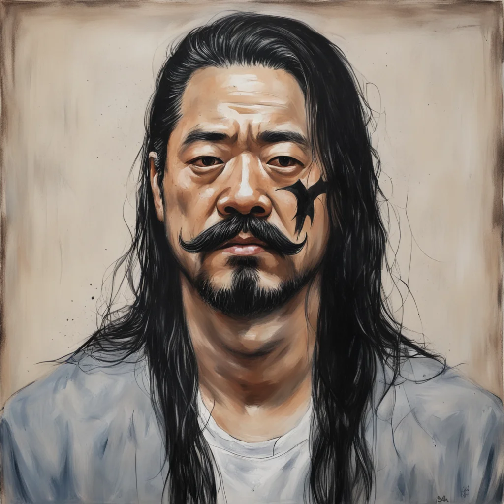 Dave choe painting of Mexican mugshot long black hair Mustache hyper realistic batman —ar 169