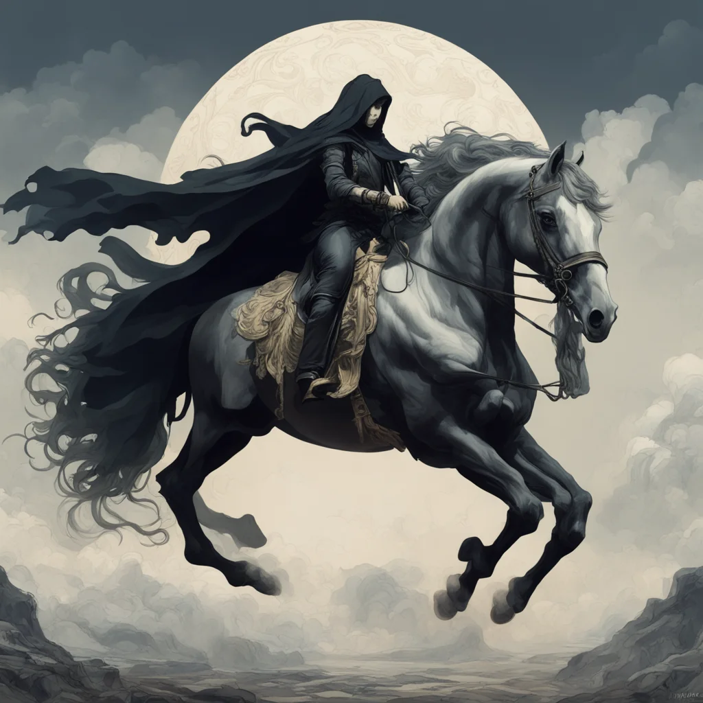 Death rides a pale horse black cloaked figure on a white horse by Alfons Maria Mucha good dynamic range cinematic 8K wal