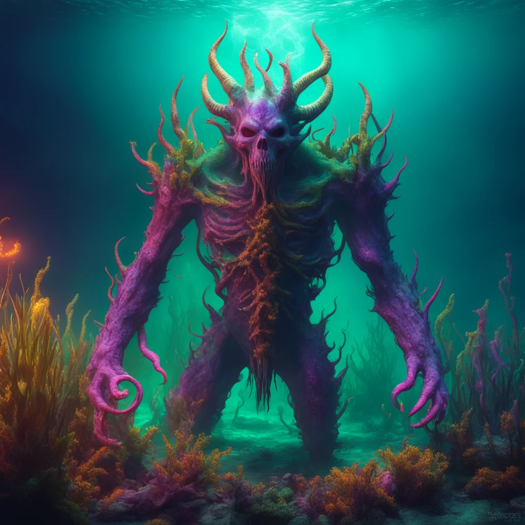 Deep sea Demon made of colorfull prisma fog and smoke and dust and the light shines from inside to outside  sea plants j