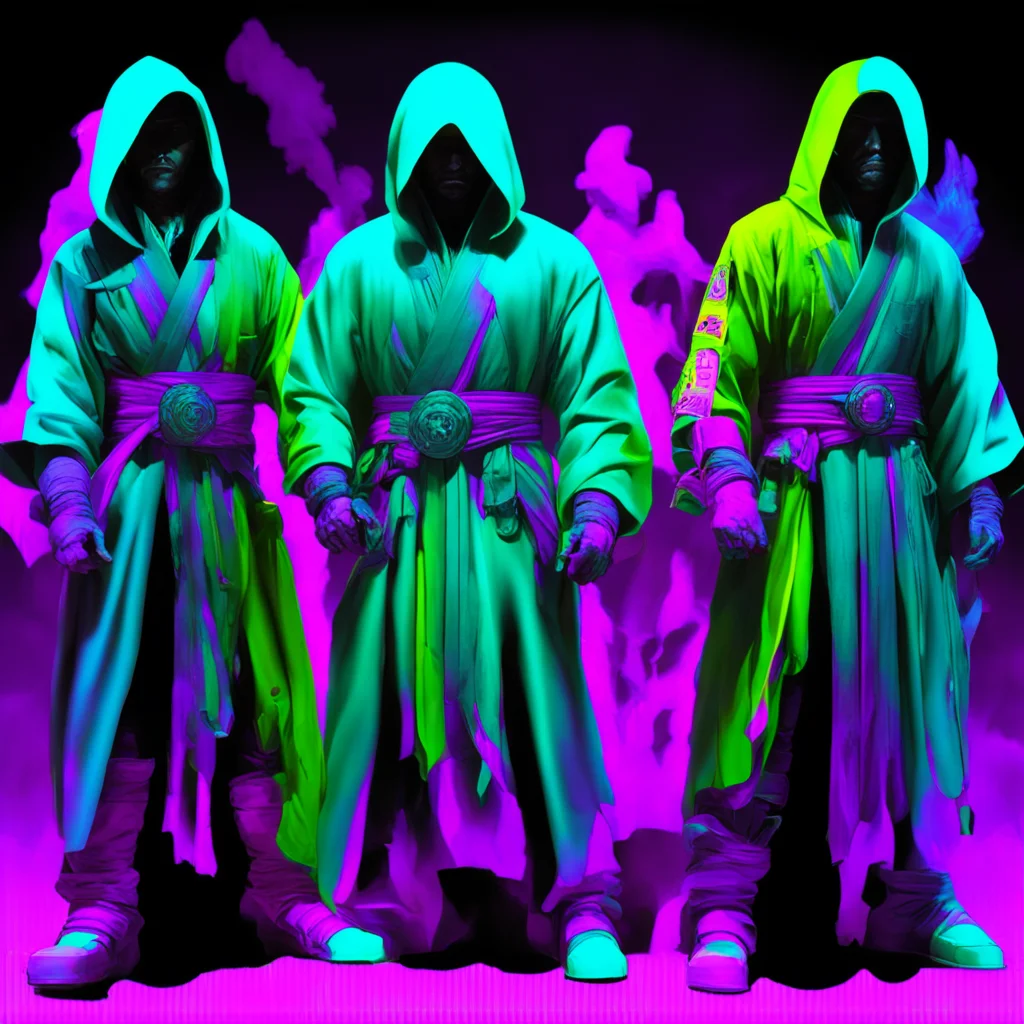 Destiny Guardians Hunters Warlocks and Titans wearing bathrobes neon at dawn dynamic futurism blacklight poster by Sung 