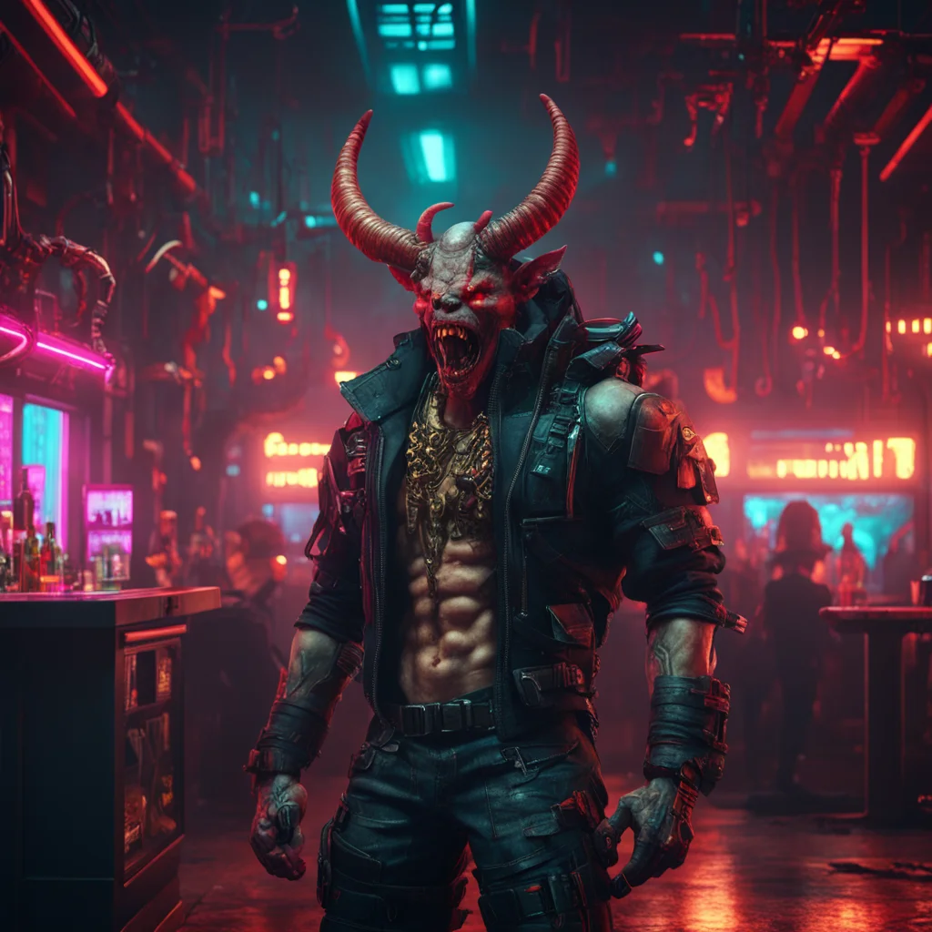Diablo demon standing in a cyberpunk interior at the bar drinking and laughing Blizzard Games Horns People everywhere Sm