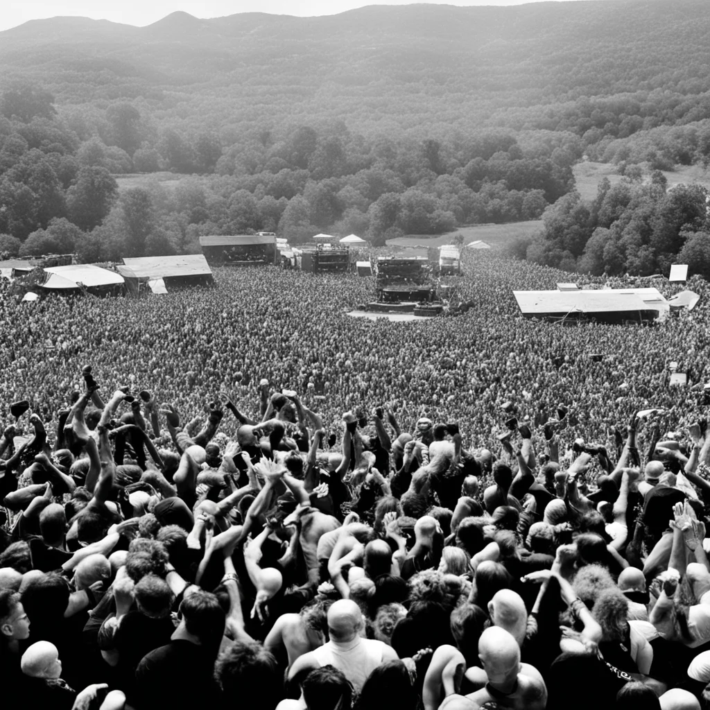 Discharge playing on the main stage of the Fragile Mountain punk festival huge crowd pogoing and dancing in front of sta