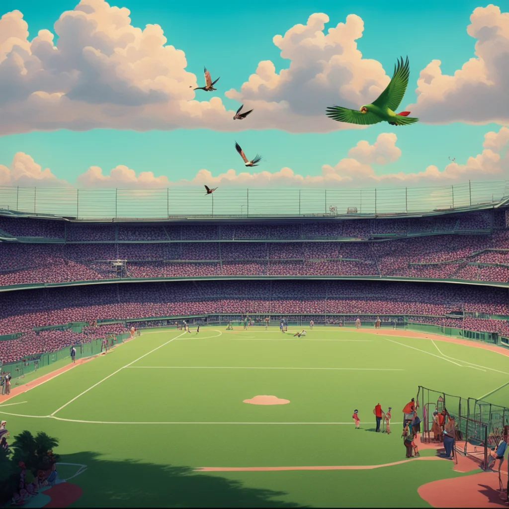 Disney matte painting style 60s parakeets flying around baseball field austin texas