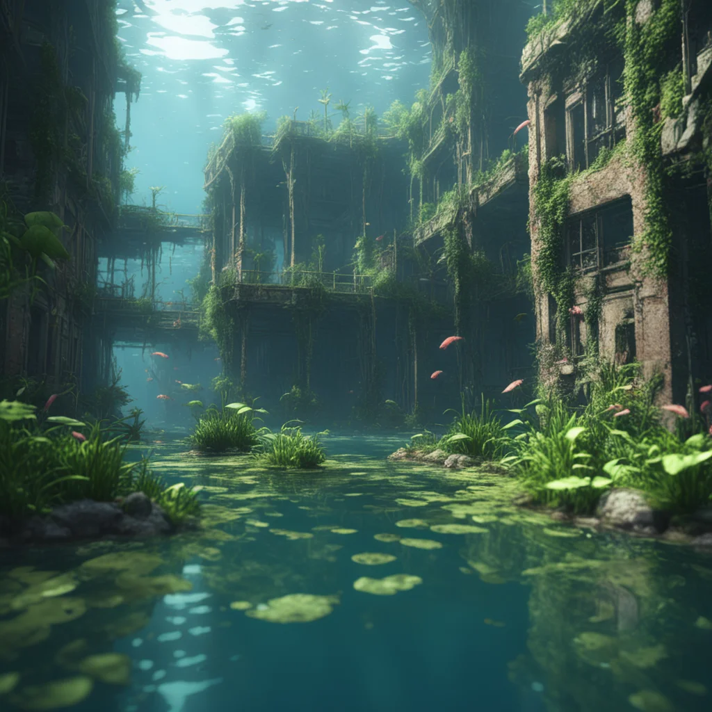 Diving In an abandoned building completely submerged by water aquatic plants underwater fishfirst person vie close up de
