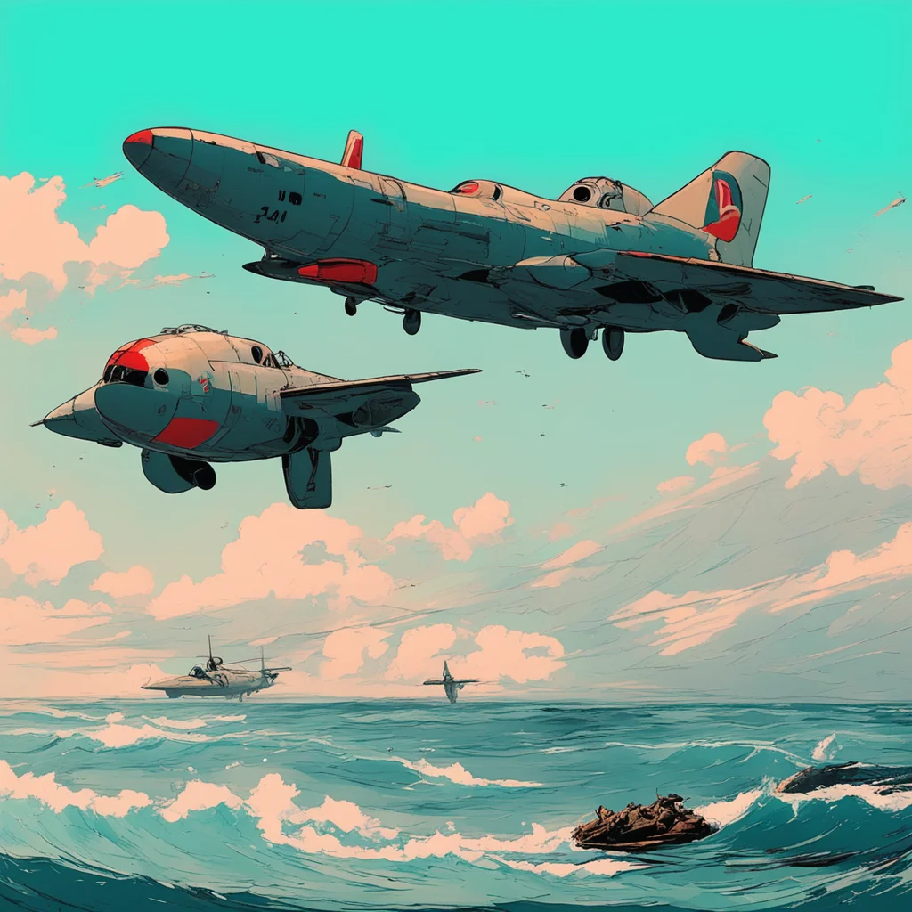 Dogfight over the pacific in the spot color style of lou fine comic panels by ashley wood and phil hale 4K detailed post