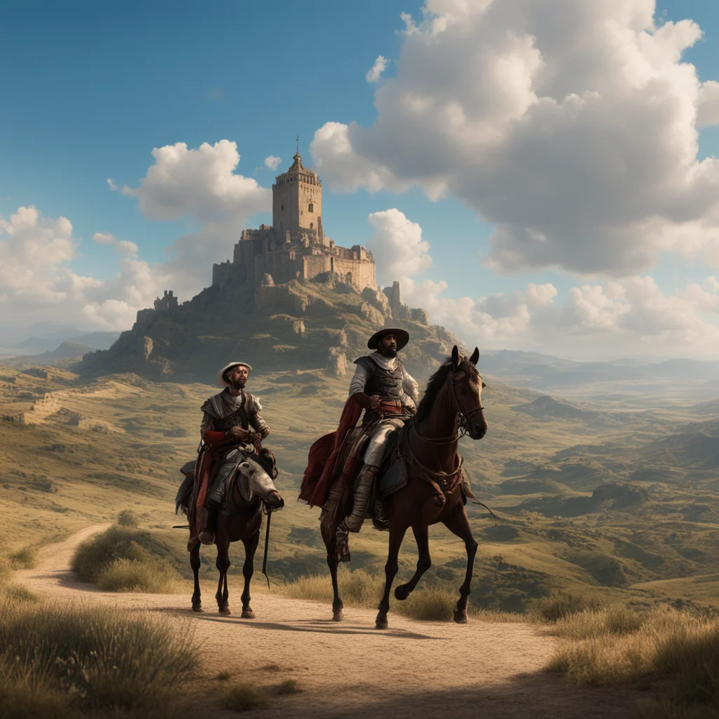 Don Quixote and Sancho Panza wide angle matte painting trending on artstation 8k hd w 3840 h 1636