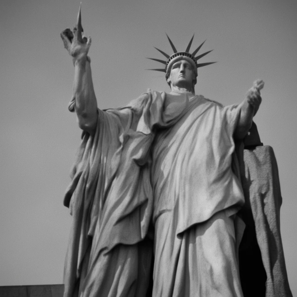 Donald trump strangles Statue of Liberty vintage voyeuristic photograph telephoto black and white dramatic lighting —asp