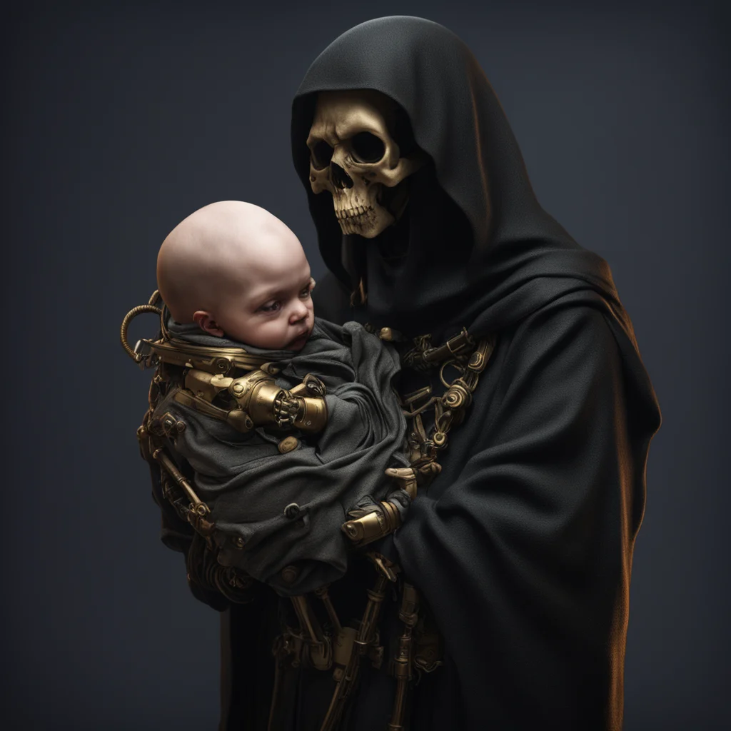 Dr Death grim reaper holding a baby Highly realistic octane render dark background 35mm golden ratio portrait tubes mili