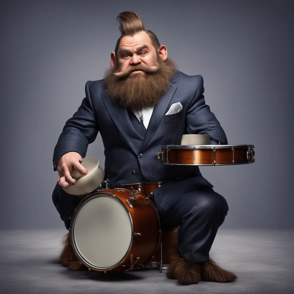 Dwarf dressed in an expensive suit playing drums hyper detailed photo realistic