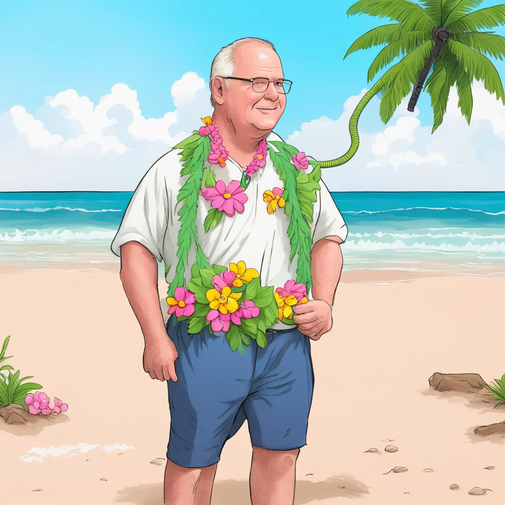 Editorial cartoon of Scott Morrison wearing a flower lei and holding a hose on a beach in Hawaii