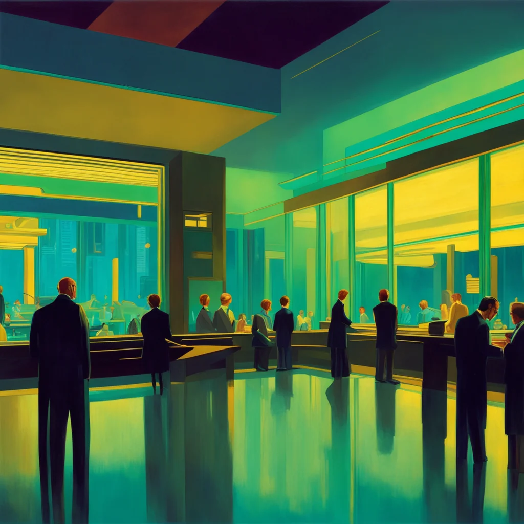 Edward Hopper art deco architecture futuristic aquarium interior office cyberpunk crowds of people glowing ar 169