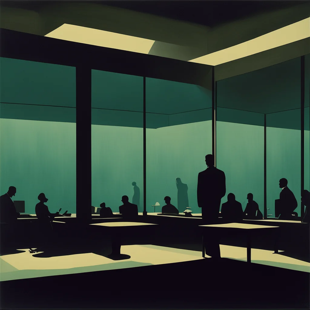 Edward Hopper brutalist aquarium interior office crowds of silhouettes glowing dark moody dreary dread fear ar 169