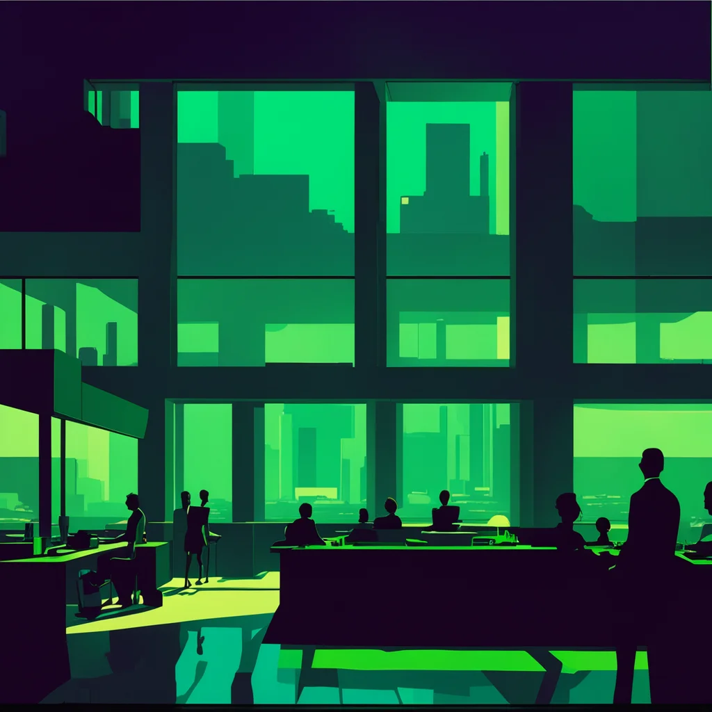 Edward Hopper brutalist aquarium interior office cyberpunk crowds of silhouettes glowing ar 169