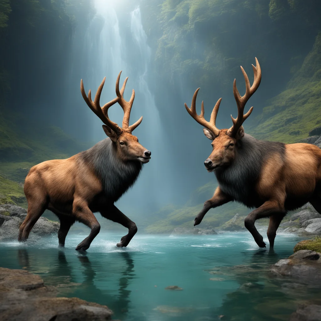 Elks fighting in abonded mine lake megascans extremely detailed