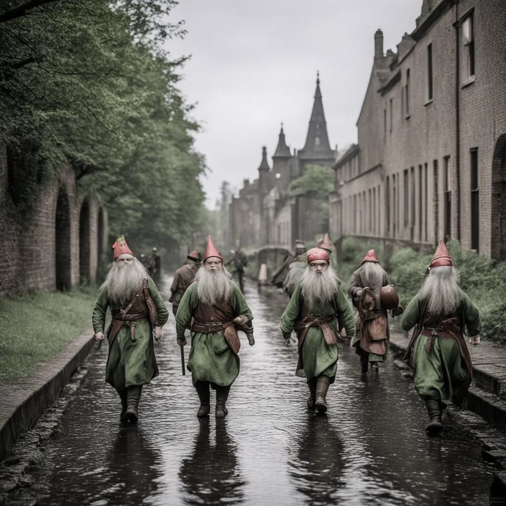 Elves and dwarves war bands walking along Birmingham Canal Old Main Line carrying lanterns overcast windy Tolkien world 