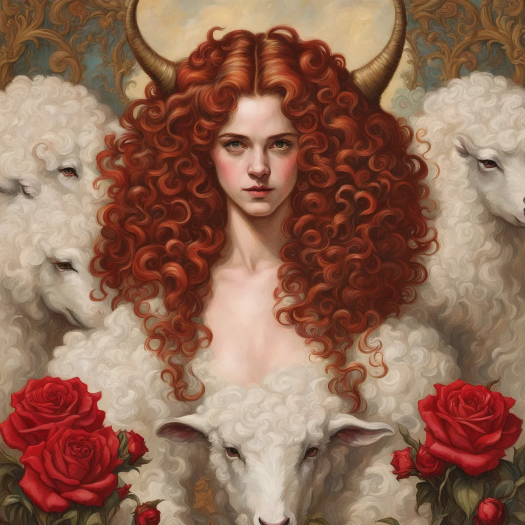Emma Watson as the red curly girl with horns the wild Aries girl red roses in the hair stand by a white sheep full body 