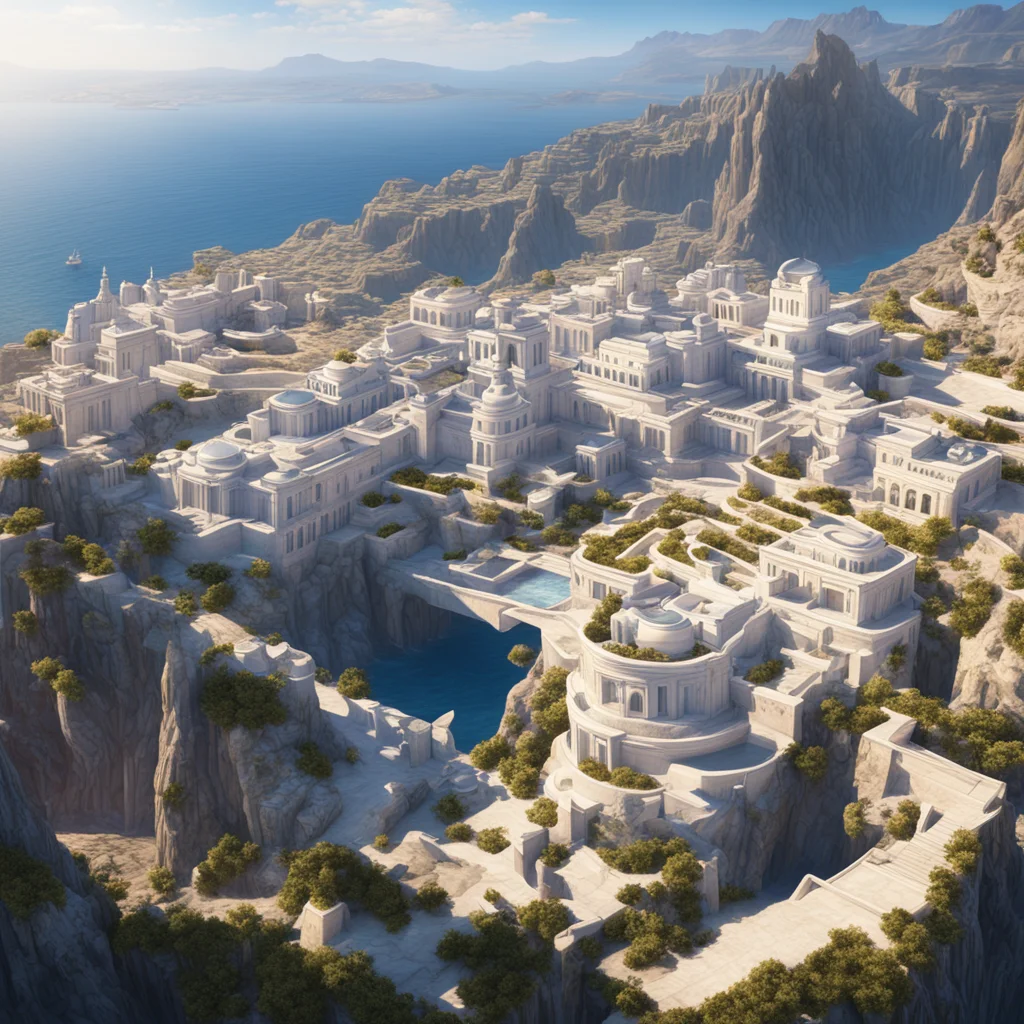 Epic visually environment concept art of Santorin Greece futuristic landscape epic scale cinematic shot volumetric reali