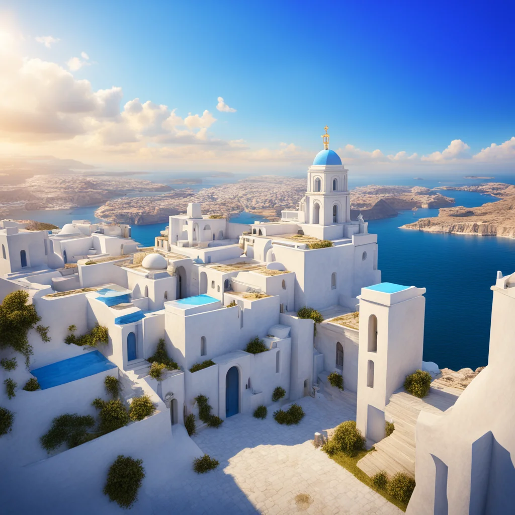 Epic visually environment concept art of Santorin Greece landscape white city with blue dome epic scale gold door cinema